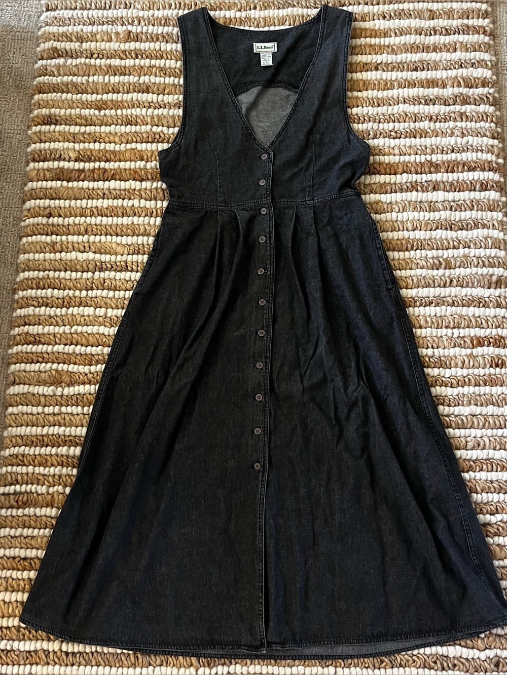 Vintage L.L. Bean 100% Cotton Black Sleeveless Button-Front Denim Dress